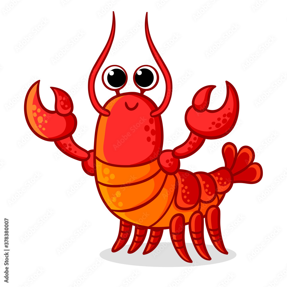 Cute red lobster with claws on a white background. Vector illustration with a sea animal in a cartoo