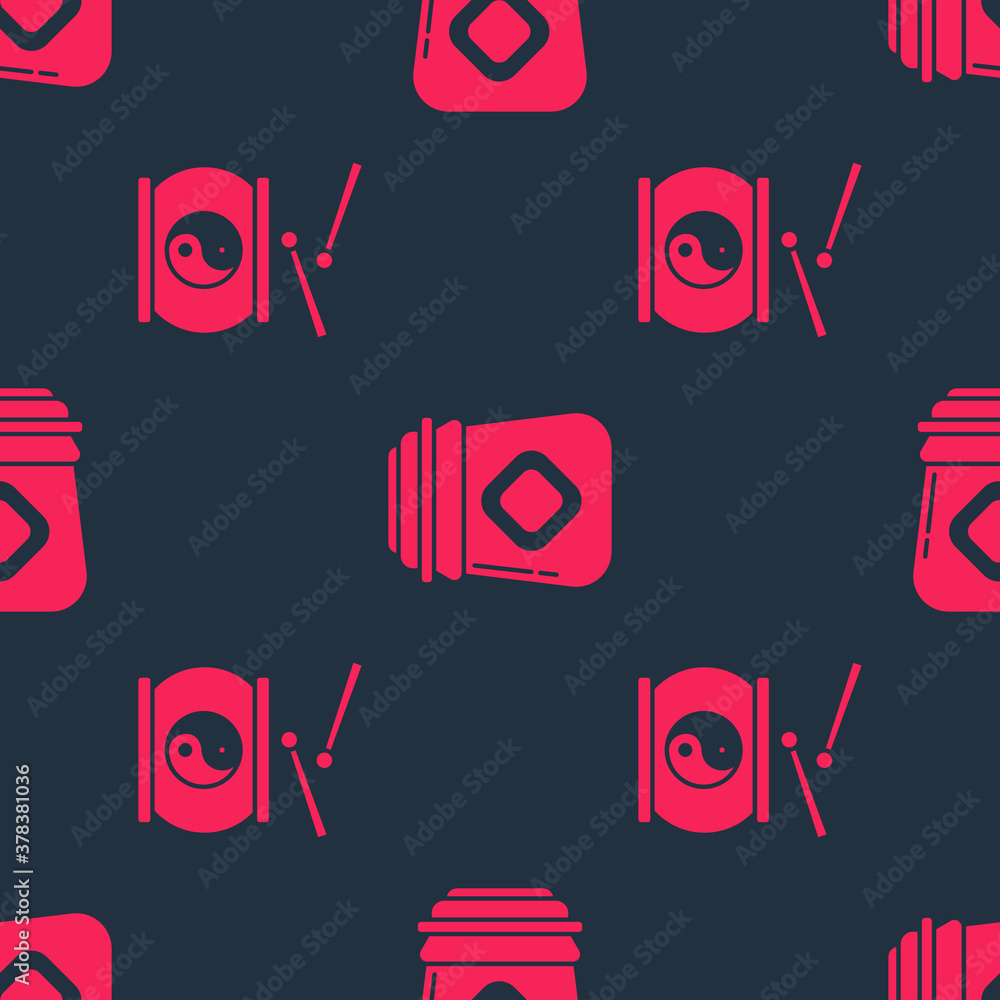 Set Chinese drum and Jar of honey on seamless pattern. Vector.