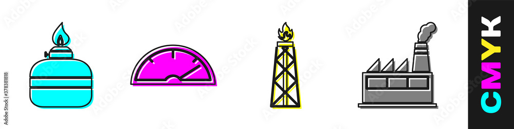 Set Alcohol or spirit burner, Speedometer, Oil rig with fire and Oil industrial factory building ico