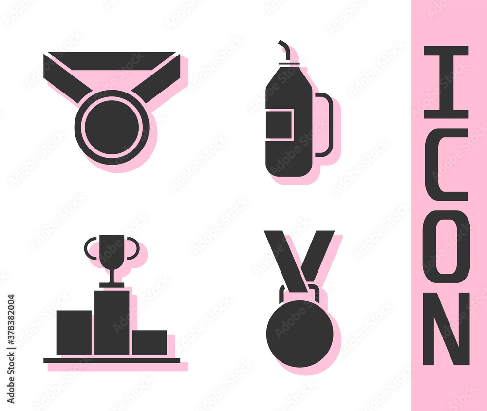 Set Medal, Medal, Hockey over sports winner podium and Fitness shaker icon. Vector.