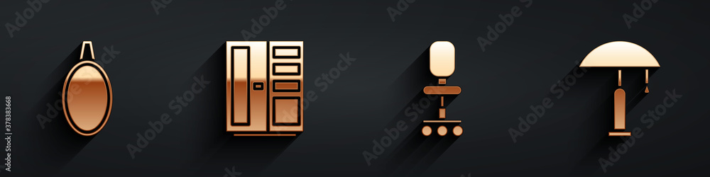 Set Mirror, Wardrobe, Office chair and Table lamp icon with long shadow. Vector.