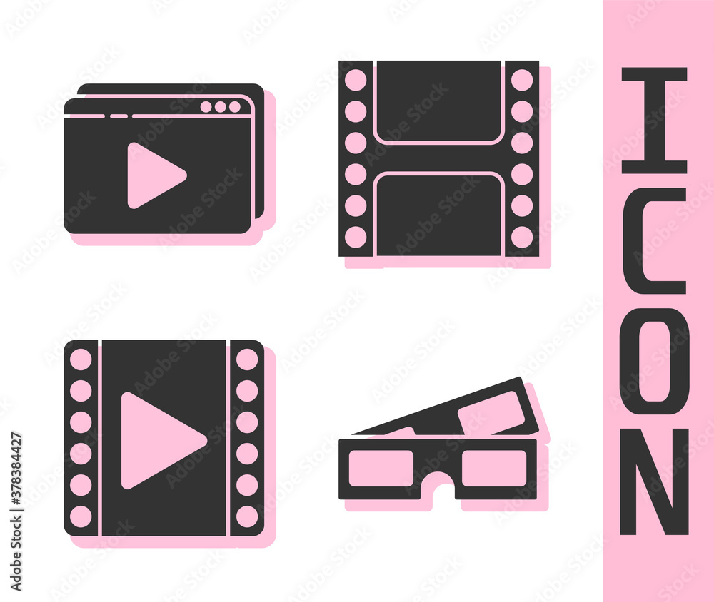 Set 3D cinema glasses, Online play video, Play Video and Play Video icon. Vector.