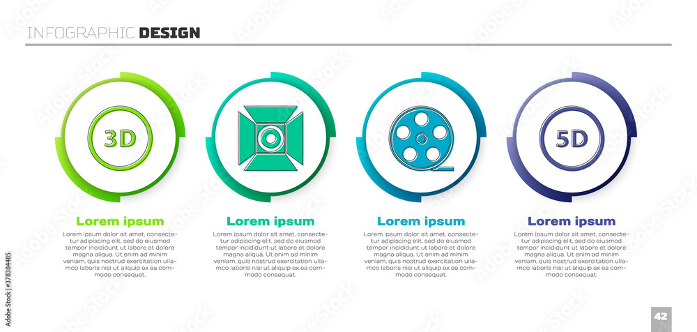 设置3D单词、电影聚光灯、电影卷轴和5d虚拟现实。商业信息图模板。Vecto