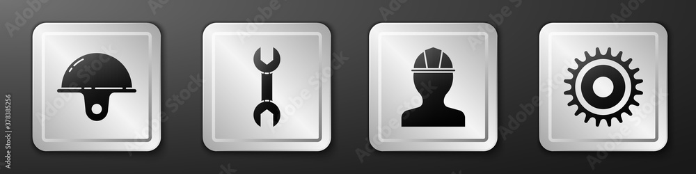 Set Worker safety helmet, Wrench spanner, Worker safety helmet and Circular saw blade icon. Silver s