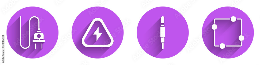 Set Electric plug, High voltage, Audio jack and Electric circuit scheme icon with long shadow. Vecto