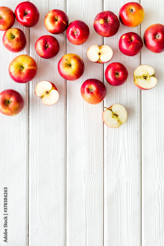 Set of red apples - above view, space for text