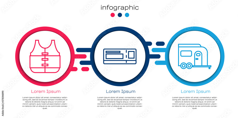 套装救生衣、旅行票和Rv露营拖车。商业信息图模板。矢量。
