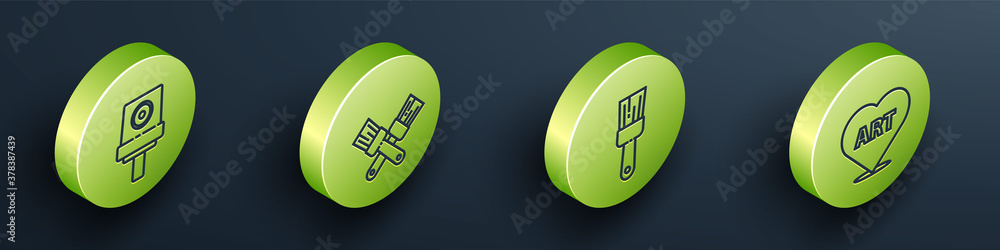 Set Isometric Spray can nozzle cap, Crossed paint brush, Paint brush and Heart with text art icon. V