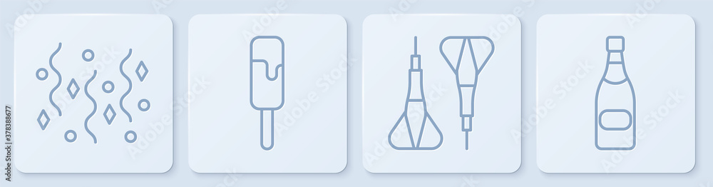 设线节日五彩纸屑，飞镖箭头，冰淇淋和香槟瓶。白色方形按钮。矢量。