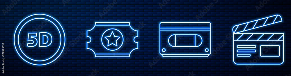 设置线VHS盒式录像带、5d虚拟现实、电影票和电影快板。霓虹灯闪闪发光