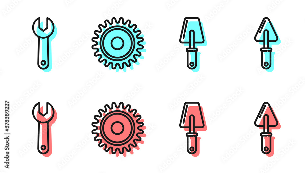 Set line Trowel, Wrench spanner, Circular saw blade and Trowel icon. Vector.