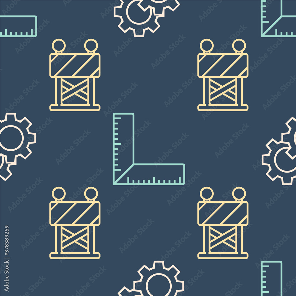 Set line Gear, Road barrier and Corner ruler on seamless pattern. Vector.