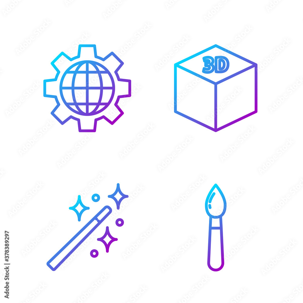 Set line Paint brush, Magic wand, Globe of the Earth and gear and Isometric cube. Gradient color ico