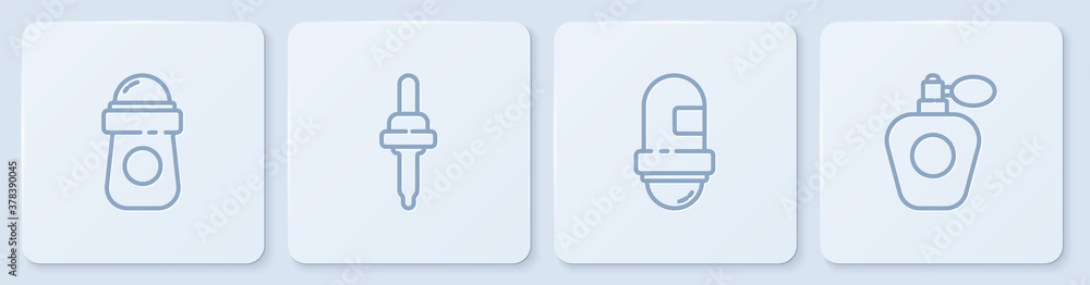 设置线止汗除臭剂卷，移液管和香水。白色方形按钮。矢量。