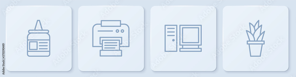 Set line Glue, Computer monitor, Printer and Plant pot. White square button. Vector.