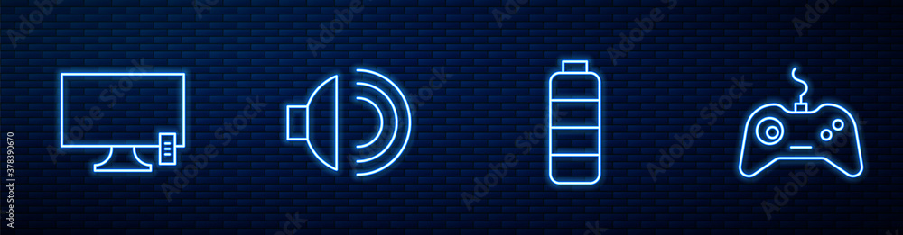 Set line Battery charge level indicator, Smart Tv, Speaker volume and Gamepad. Glowing neon icon on 