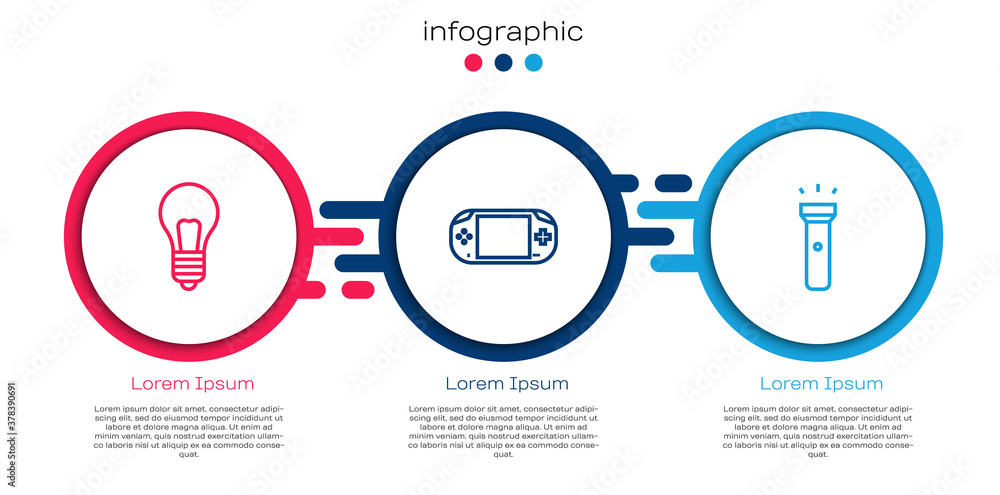 Set line Light bulb with concept of idea, Portable video game console and Flashlight. Business infog