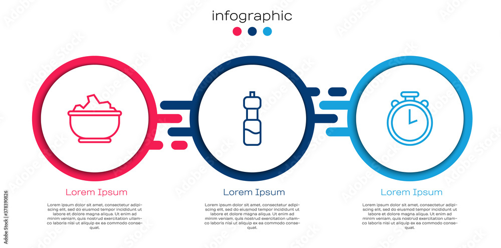 Set line Sea salt in a bowl, Bottle of water and Stopwatch. Business infographic template. Vector.