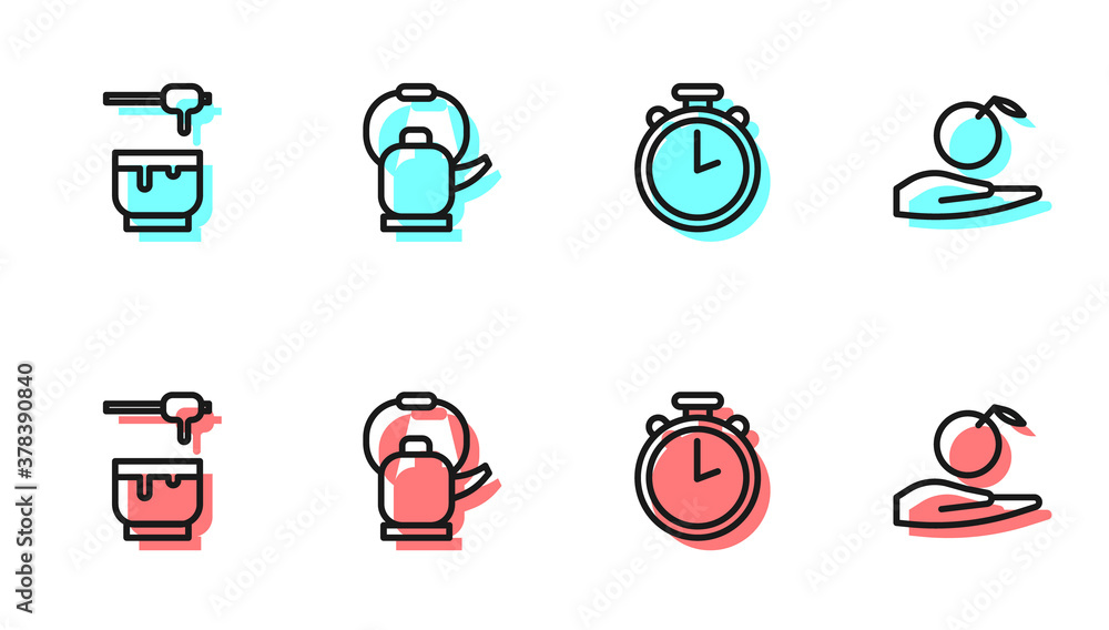 Set line Stopwatch, Honey dipper stick and bowl, Kettle with handle and Apple in icon. Vector.