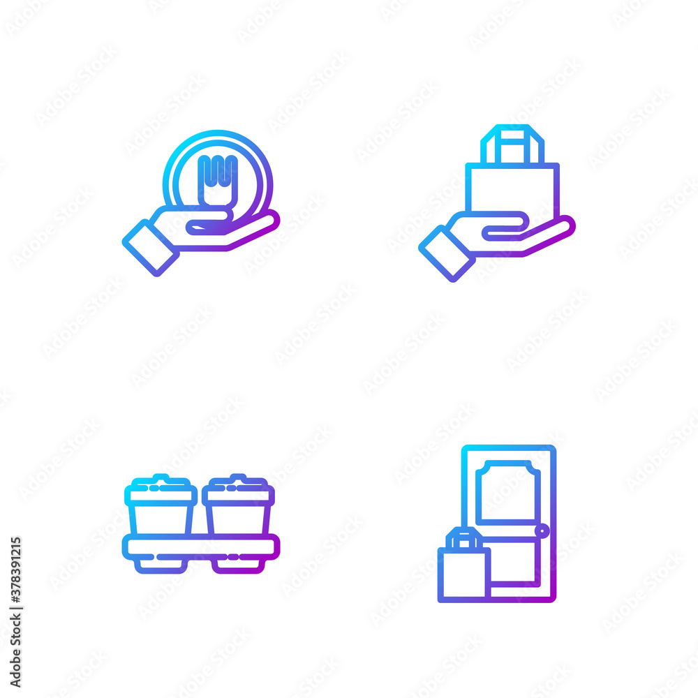 Set line Online ordering and delivery, Coffee cup to go, and . Gradient color icons. Vector.