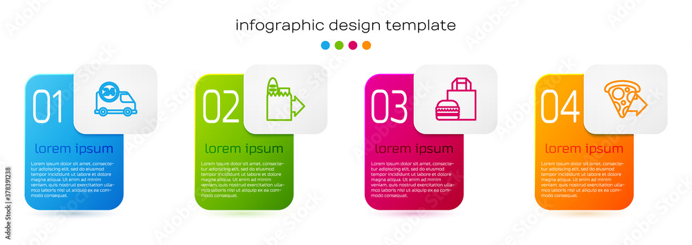 Set line Fast delivery by car, Online ordering and, burger and pizza. Business infographic template.