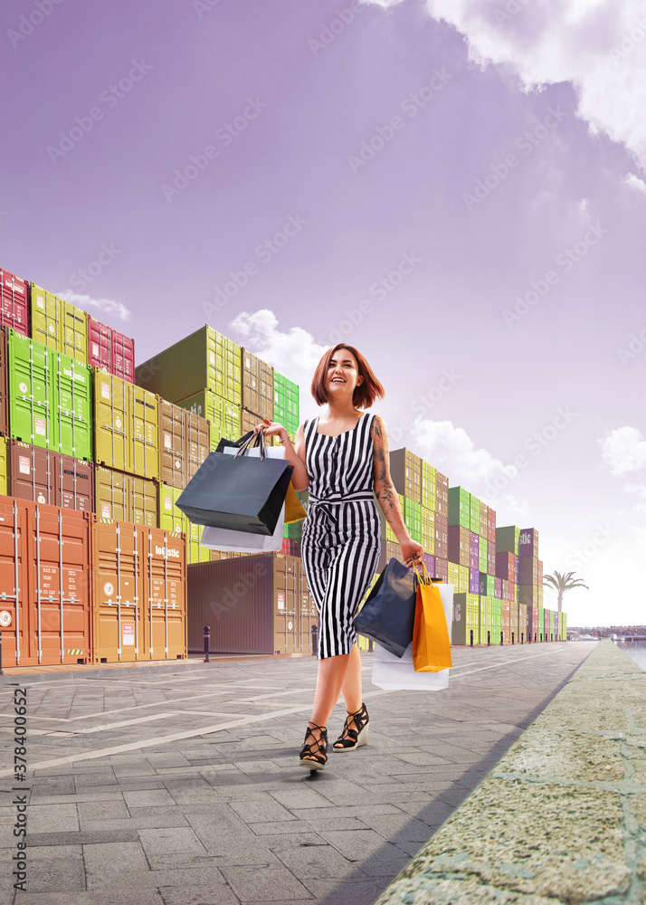 Beautiful shopping around containers street 3D illustration