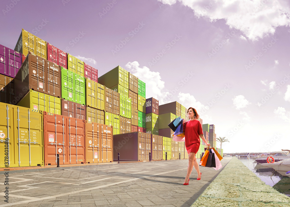 Beautiful shopping around containers street 3D illustration