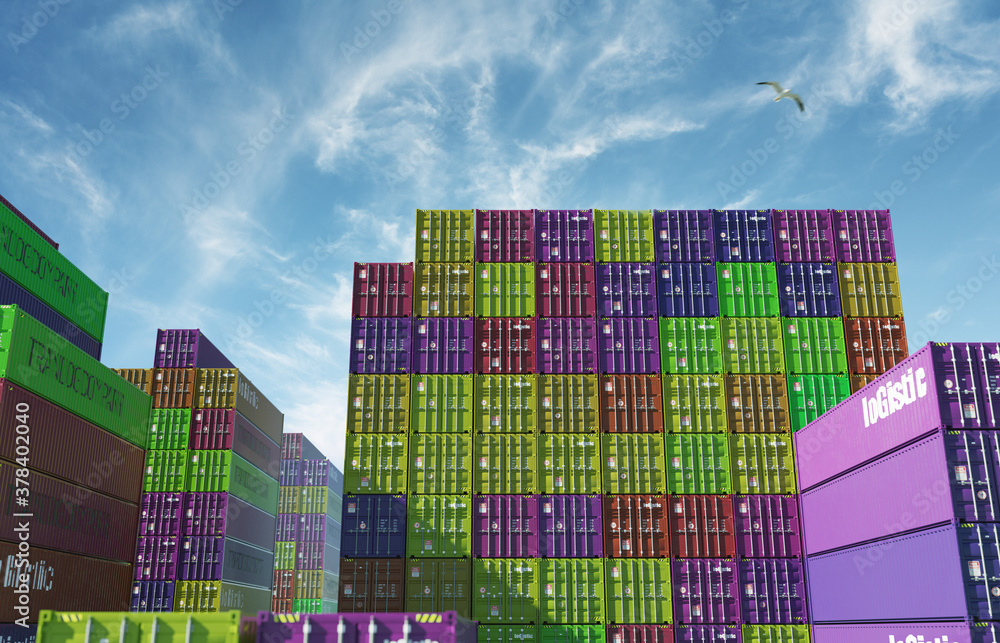 shipping containers at sunny day 3D illustration