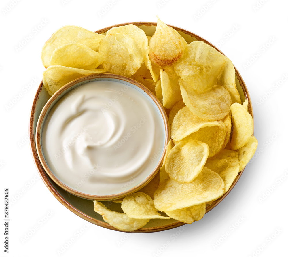 bowl of potato chips and sour cream souce