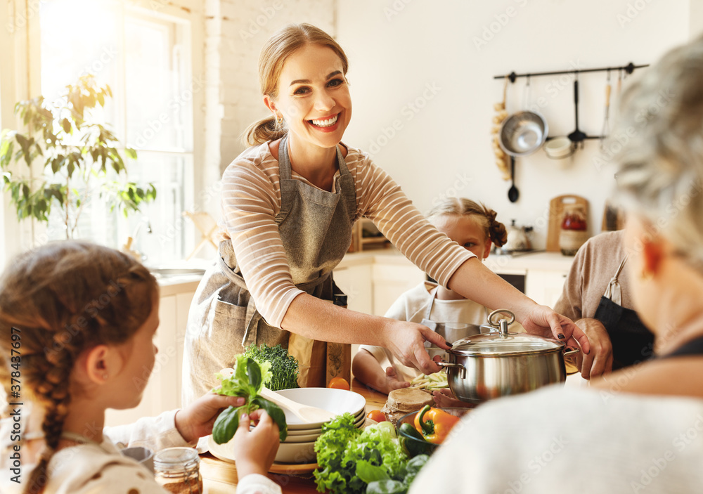 Happy family preparing healthy lunch together