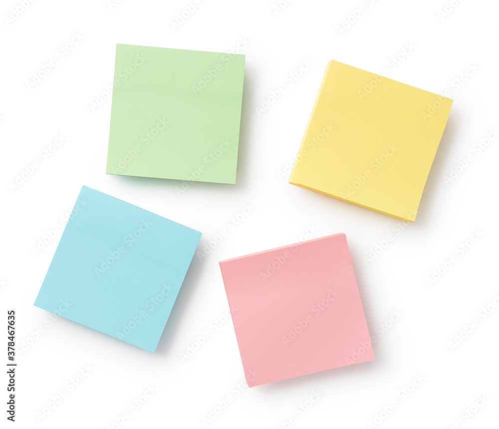 Four colorful sticky notes on a white background