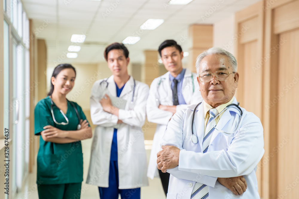 Professional variety of medic team doctor group standing in hospital.