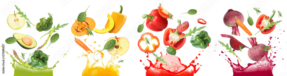 Splashes of different vegetable juices and flying ingredients on white background