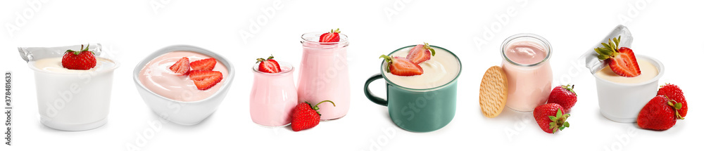 Tasty strawberry yogurt on white background