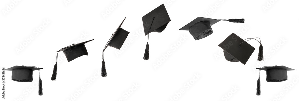 Graduation hats on white background