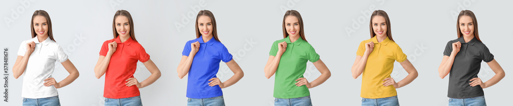 Set of beautiful young woman in colorful polo shirts on light background