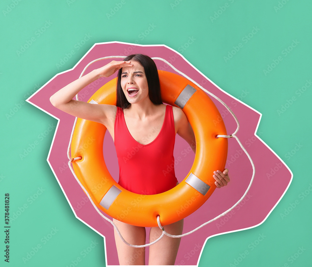 Beach rescuer with lifebuoy on color background