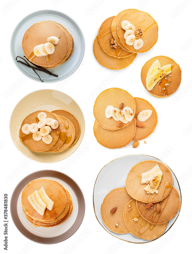 Tasty banana pancakes on white background