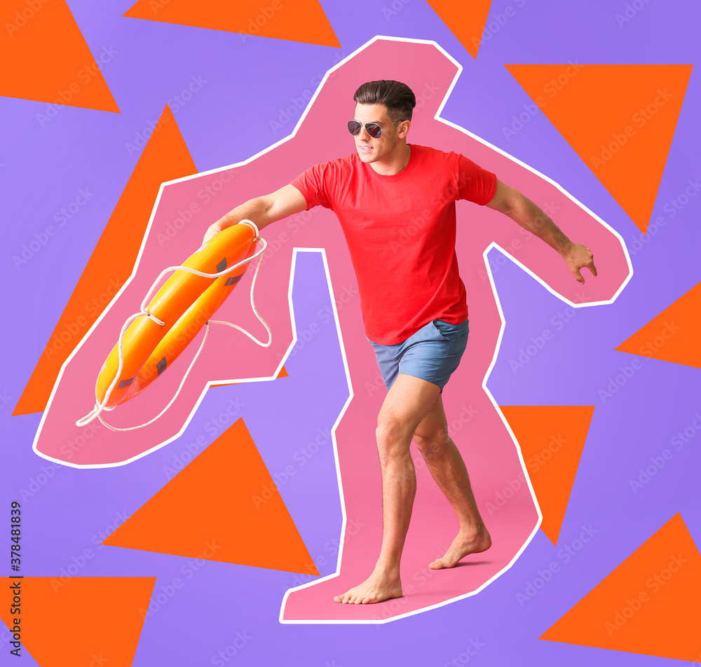 Running beach rescuer with lifebuoy on color background