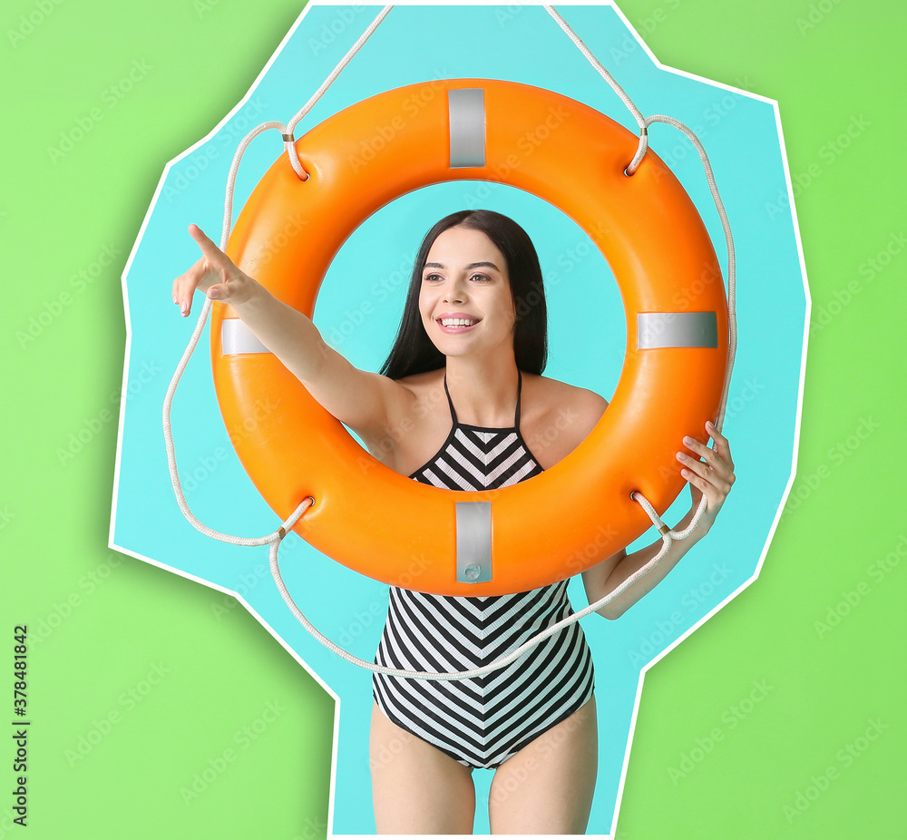 Beach rescuer with lifebuoy on color background