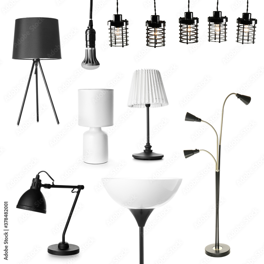 Different stylish lamps on white background