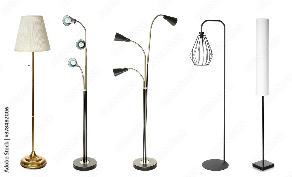 Different stylish lamps on white background