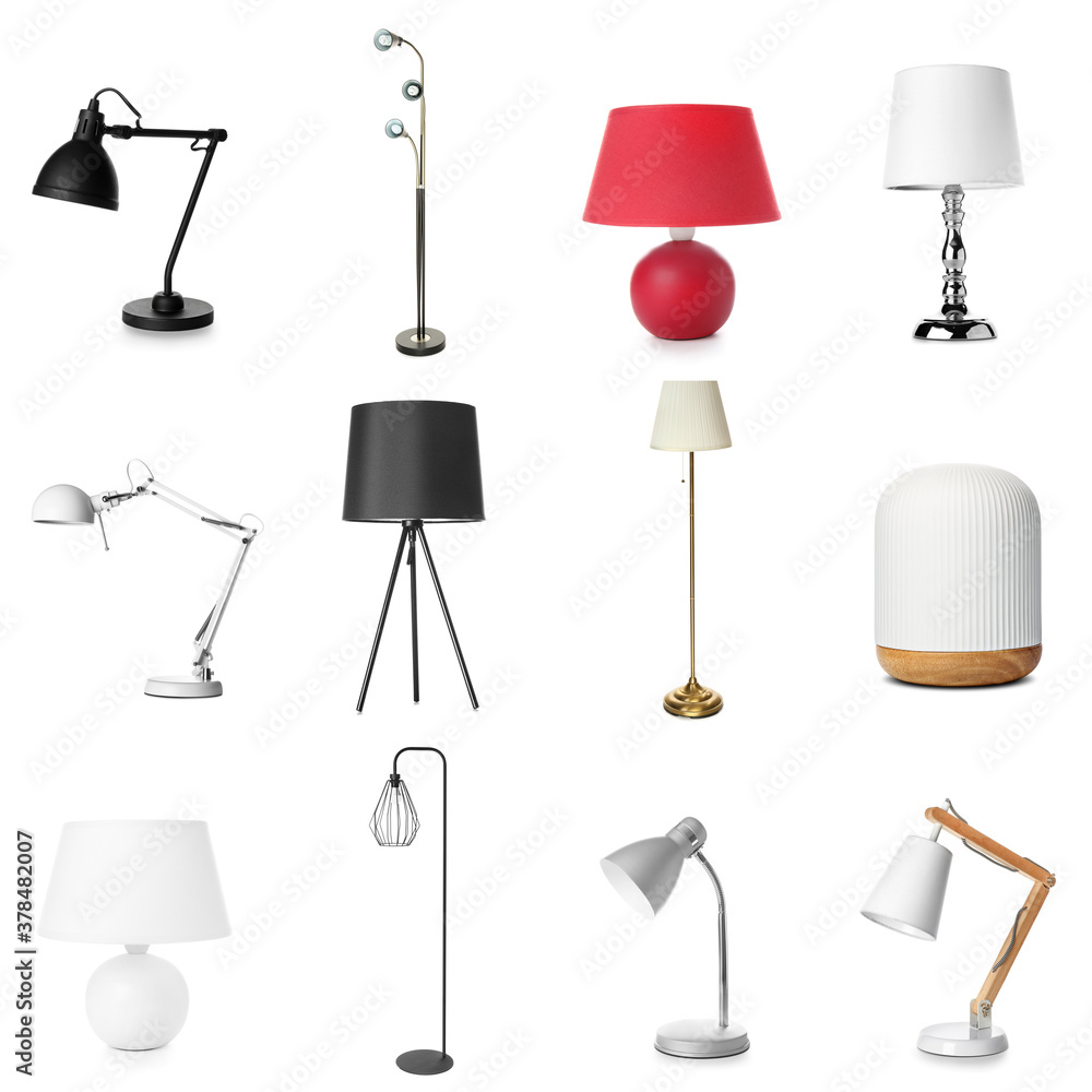 Different stylish lamps on white background