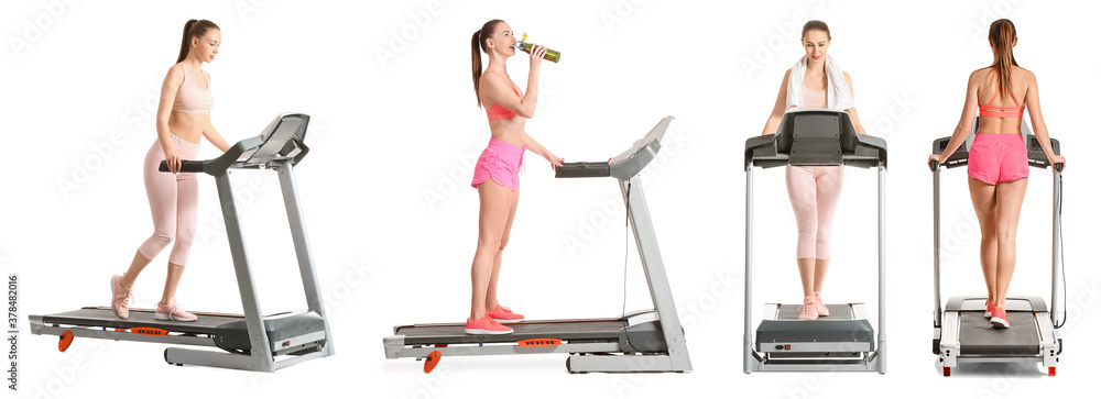 Sporty young woman training on treadmill against white background