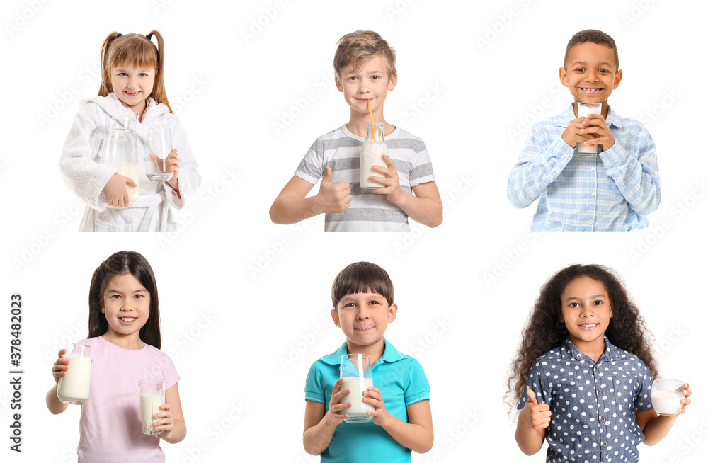 Different little children with milk on white background