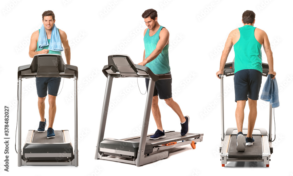 Sporty young man training on treadmill against white background