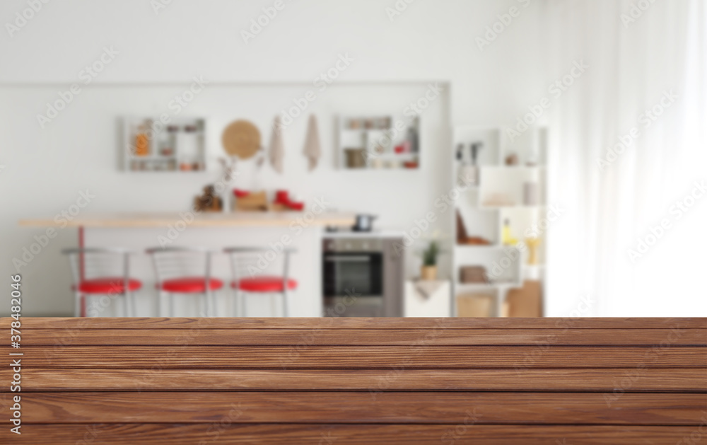 Empty wooden table in modern kitchen