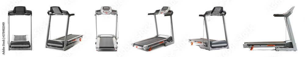 Set of modern treadmills on white background