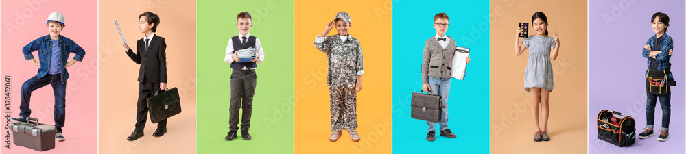 Collage with little children in uniforms of different professions on color background