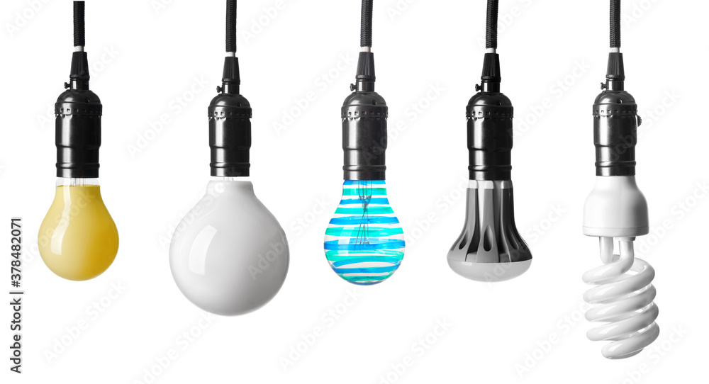 Different light bulbs on white background